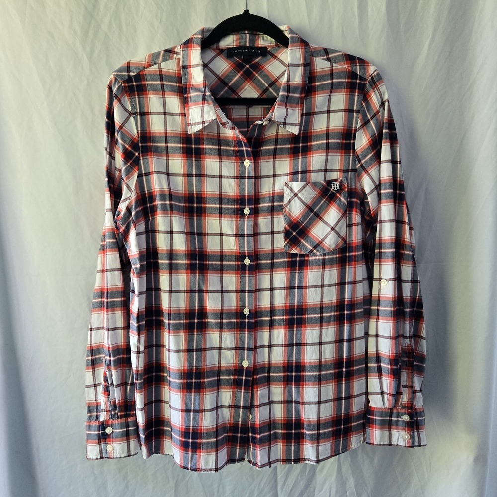 Tommy Hilfiger Flannel Shirt Womens‎ XL Plaid Americana Grunge Patriotic Classic